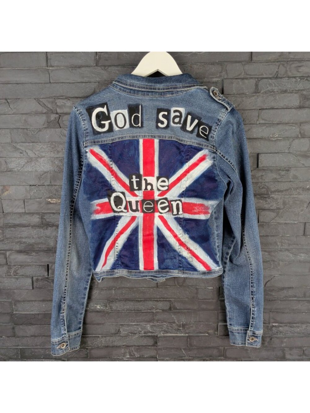 Retro 70's UK Punk Sex Pistol Distressed Jean Jacket Art Painted Upcycled Wom M